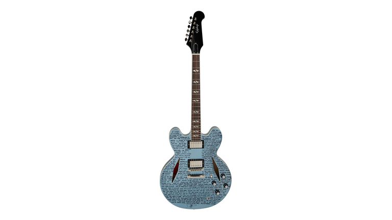 Dave Grohl Epiphone DG-335 signature model guitar with Grohl’s handwritten lyrics to Foo Fighters’ 'Rescued' and 'These Days'. Pic: Julien's Auctions
