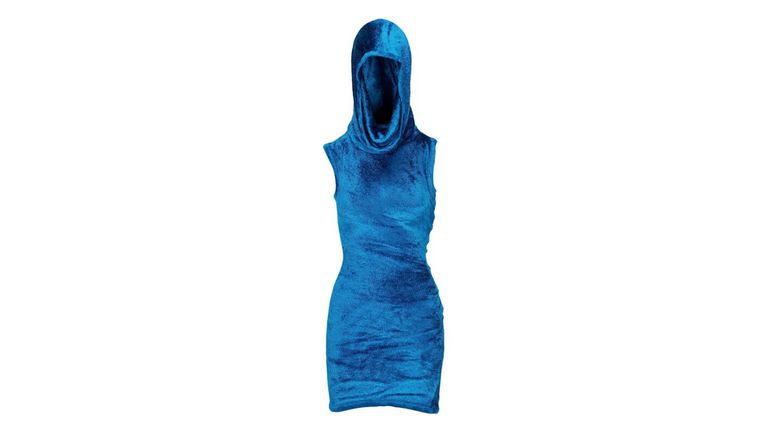 Sabrina Carpenter Alaia hooded blue velvet mini-dress Please Please Please music video. Pic: Julien's Auctions