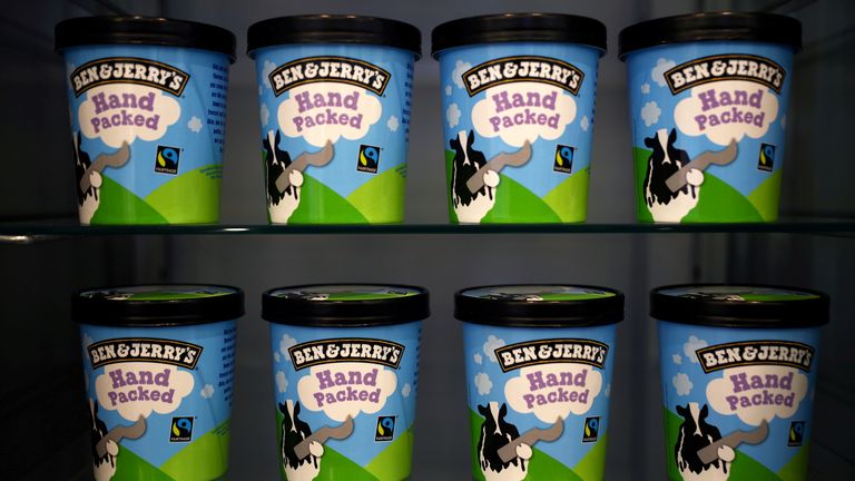 Tubs of Ben & Jerry's ice cream, a Unilever brand, are seen at their shop in London, Britain, October 5, 2020.