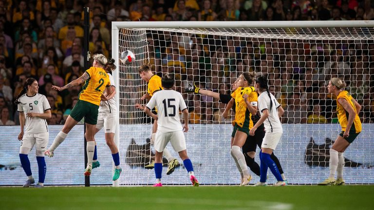 MELBOURNE, AUSTRALIA - FEBRUARY 28: Michelle HEYMAN of Team Australia heads a ball during Round 3 of the 2024 AFC Women's Olympic Qualifying football match between CommBank Matildas and Uzbekistan at Marvel Stadium on February 28, 2024 in Melbourne, Australia. (Photo by Santanu Banik/Speed Media/Icon Sportswire) (Icon Sportswire via AP Images)