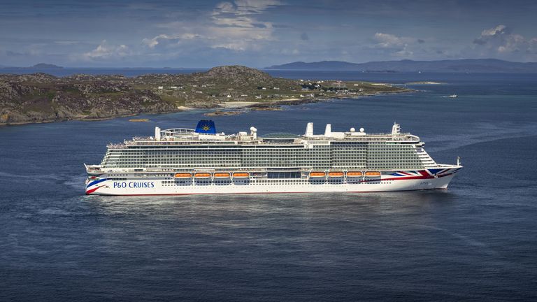 EDITORIAL USE ONLY Handout photo issued by P&O Cruises of Britain's largest cruise ship Iona making her maiden voyage to the namesake island of Iona in the Inner Hebrides off the western coast of Scotland. Issue date: Monday August 9, 2021.