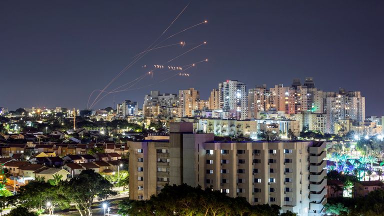 Israel's Iron Dome anti-missile system intercepts rockets launched from the Gaza Strip, as seen from Ashkelon in southern Israel October 7, 2023. REUTERS/Amir Cohen