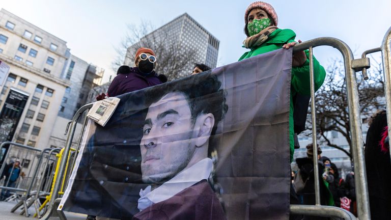 Luigi Mangione supporters stand outside the Supreme Court. Pic: AP Photo/Stefan Jeremiah