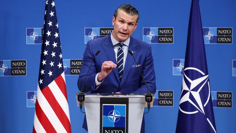 Pete Hegseth holds a press conference during a NATO Defence Ministers meeting at the Alliance's headquarters in Brussels.  Pic: Reuters