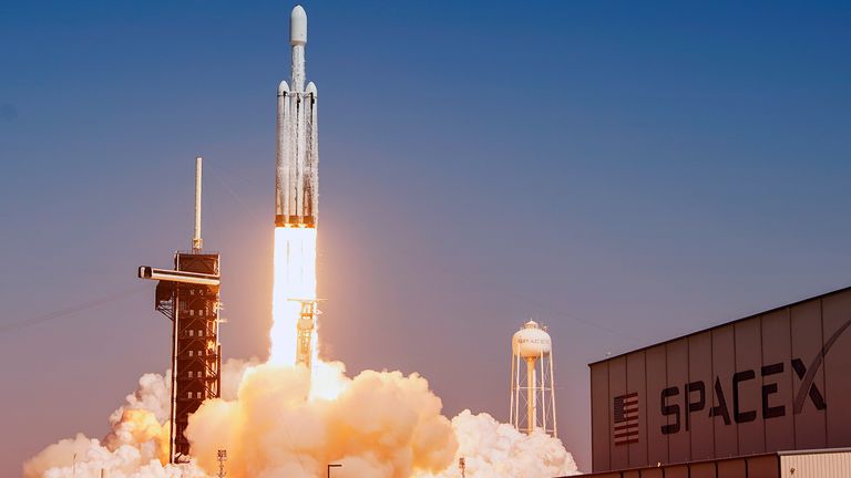 A SpaceX Falcon Heavy rocket with a NASA spacecraft bound for Jupiter lifts off from pad 39A at the Kennedy Space Center Monday, Oct. 14, 2024 in Cape Canaveral, Fla. (AP Photo/John Raoux)