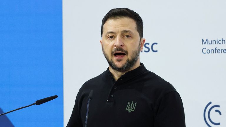 Ukraine's President Volodymyr Zelenskyy speaks during the Munich Security Conference. Pic: Reuters