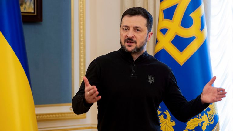 Ukraine's President Volodymyr Zelensky gives a press conference in Kyiv, Wednesday, Feb. 19, 2025. (Tetiana Dzhafarova/Pool Photo via AP)