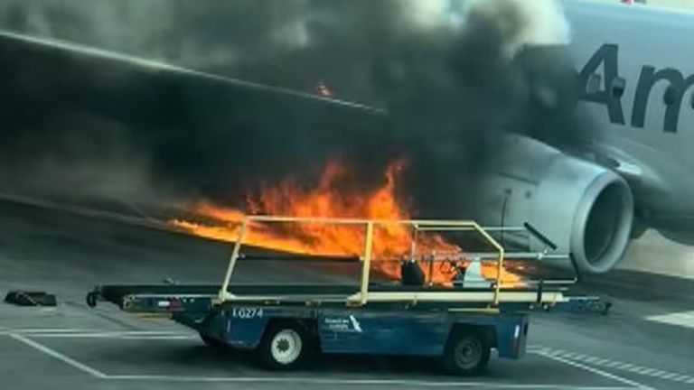 American Airlines jet engine catches fire after landing in Denver. Pic: @just4kicks565/TikTok  https://www.tiktok.com/@just4kicks565/video/7481451574489910571
