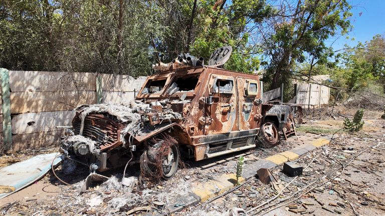 A destroyed military vehicle stands after a battle between members of the Sudanese army and the Rapid Support Forces (RSF) in the capital Khartoum.  Pic: Reruters