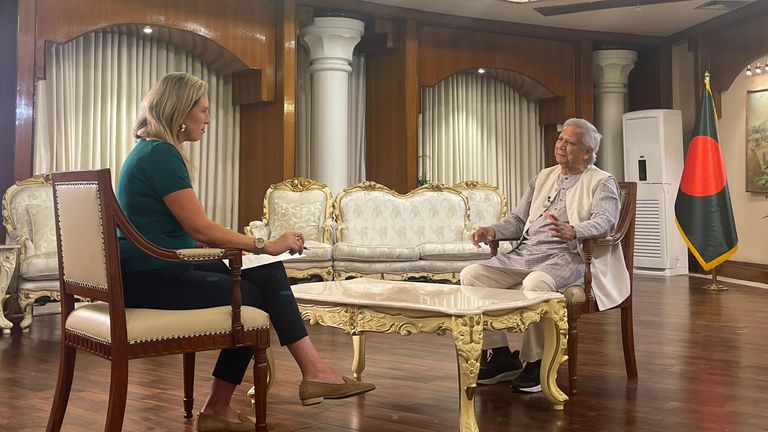 Cordelia Lynch speaks with interim leader of Bangladesh, Muhammad Yunus. Pic: Tanbirul Miraj Ripon
