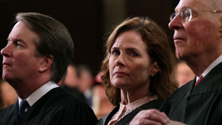 WASHINGTON, DC - MARCH 04: U.S. Supreme Court Associate Justice Amy Coney Barrett, Justice Brett Kavanaugh and retired Justice Anthony Kennedy attend U.S. President Donald Trump's address to a joint session of Congress at the U.S. Capitol on March 04, 2025 in Washington, DC. Win McNamee/Pool via REUTERS