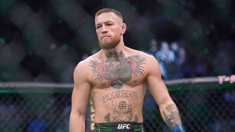 FILE - Conor McGregor prepares to fight Dustin Poirier in a UFC 264 lightweight mixed martial arts bout July 10, 2021, in Las Vegas. McGregor will not compete in UFC 303 on Saturday, June 29, 2024, in Las Vegas. He has indicated he is injured. (AP Photo/John Locher, File)