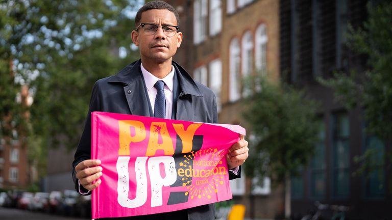 Daniel Kebede, the General Secretary Elect of the National Education Union (NEU), joins a picket line at Regent High School in north west London, as NEU teaching members stage walkouts across England in an ongoing dispute over pay. Picture date: Wednesday July 5, 2023.
