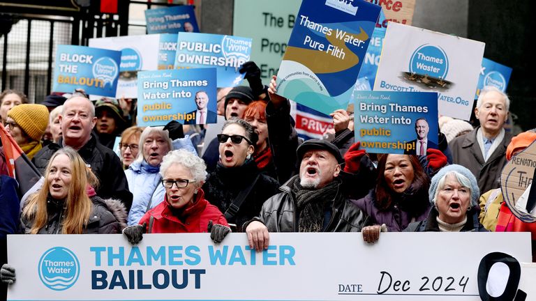 Demonstrators protest against Thames Water's bid to seek approval for its restructuring plan, at the High Court.  Pic: Reuters