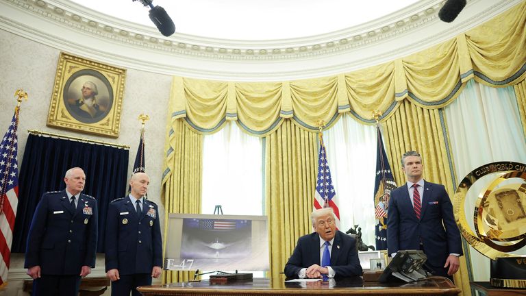 Donald Trump delivers remarks with Defense Secretary Pete Hegseth in the Oval Office.  Pic: Reuters