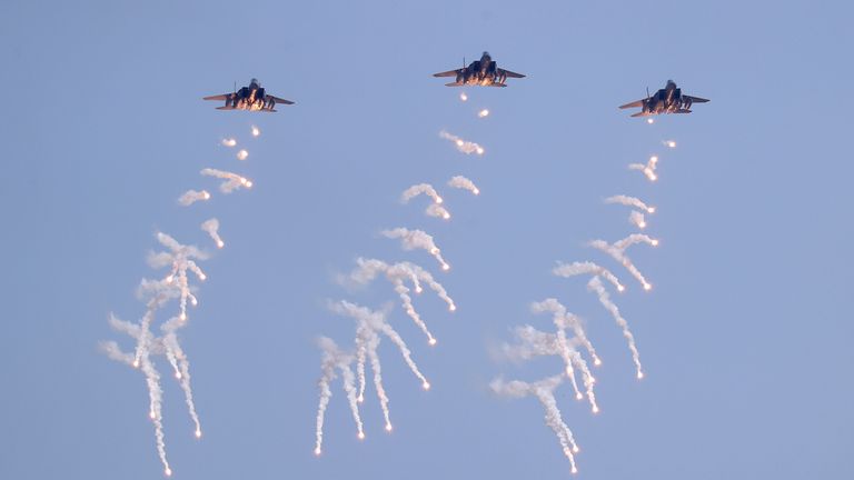 South Korean Air Force F-15K fighter jets fire flare shells during the joint military drill between South Korea and the United States at Seungjin Fire Training Field in Pocheon, South Korea.  Pic: AP