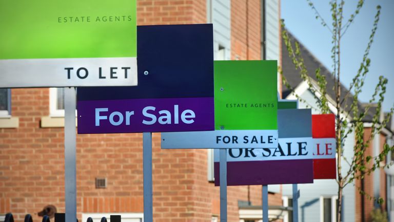 Generic For Sale and To Let Estate Agent (Real Estate Agent) signs lined up outside a UK new build housing estate