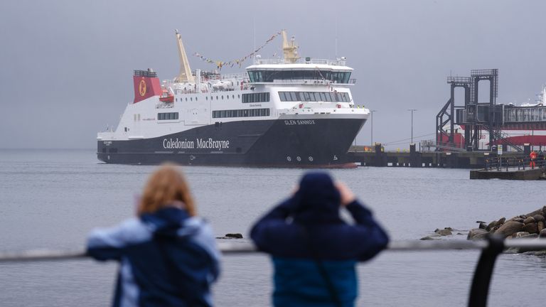 The Glen Sannox ferry arrives in Brodick on the Isle of Arran from Troon on its first official day in service in January. Pic: PA