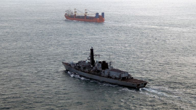Handout photo dated 01/03/25 issued by Royal Navy of Royal Navy frigate HMS Somerset (left) follows Russian corvette Boikiy during a 3-day operation monitoring the progress of a Russian task group. Boikiy escorted merchant vessel Baltic Leader (right) on its voyage from Syria. Issue date: Monday March 3, 2025.