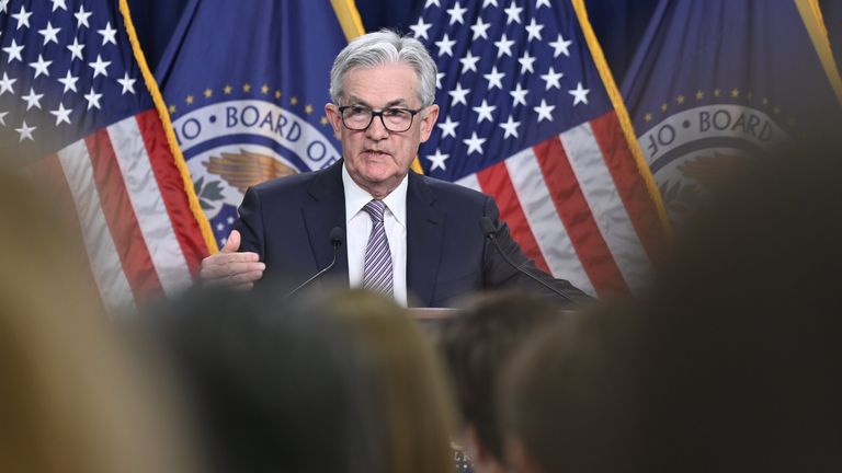 Fed chair Jay Powell takes reporters' questions on 3 May. Pic: Federal Reserve
