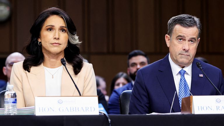 Director of National Intelligence (DNI) Tulsi Gabbard and CIA Director John Ratcliffe testify before a Senate Intelligence Committee hearing on worldwide threats, on Capitol Hill in Washington, D.C., U.S., March 25, 2025. REUTERS/Kevin Lamarque