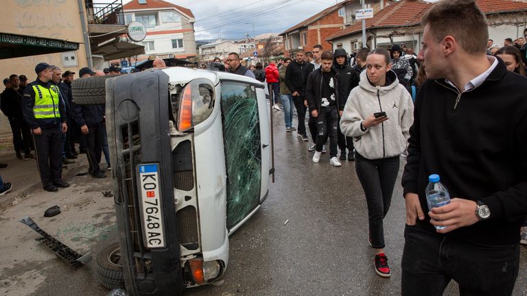 Protesters overturned a van in Kocani. Pic: AP