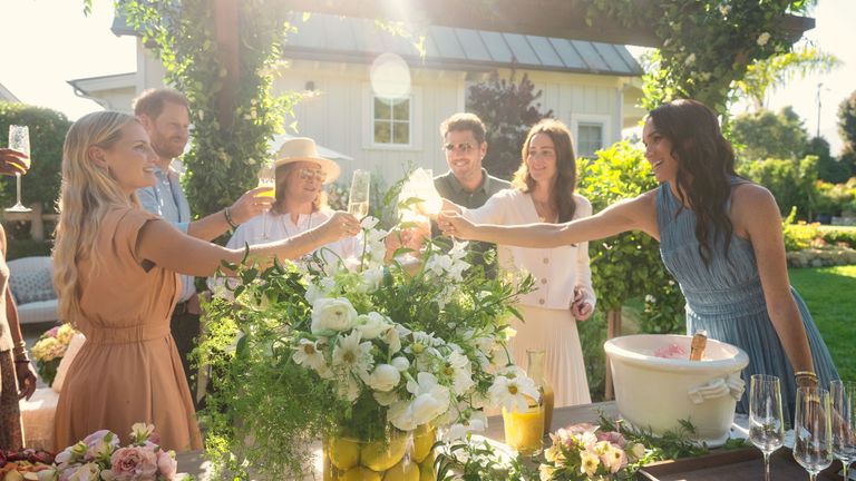 Heather Dorak, Prince Harry, Duke of Sussex, Genevieve Hillis, Julian Zafjen, Kelly Zafjen, Meghan, Duchess of Sussex.  Pic: Jake Rosenberg/Netflix