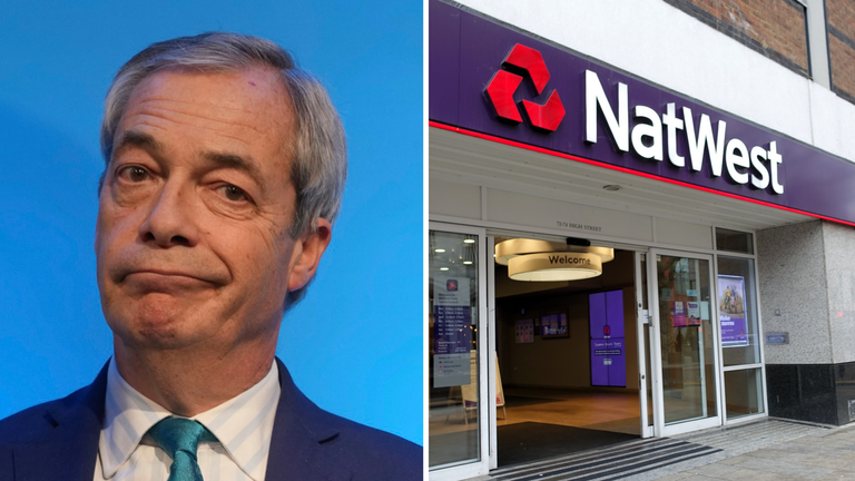 Pic: AP/iStock  1st Reform UK leader Nigel Farage attends a press conference on the economy and renewable energy, in London, Wednesday, Feb. 12, 2025. (AP Photo/Kin Cheung)  2nd Natwest branch in Watford, Hertfordshire (January 11th 2024) Pic: iStock