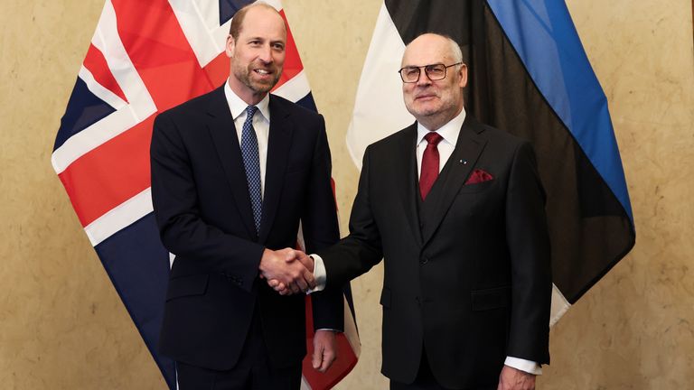 The Prince of Wales shakes hands with the President of Estonia Alar Karis, at the Presidential Office in Tallinn.  Pic: PA