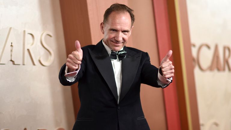 Ralph Fiennes arrives at the Oscars on Sunday, March 2, 2025, at the Dolby Theatre in Los Angeles. (Photo by Richard Shotwell/Invision/AP)