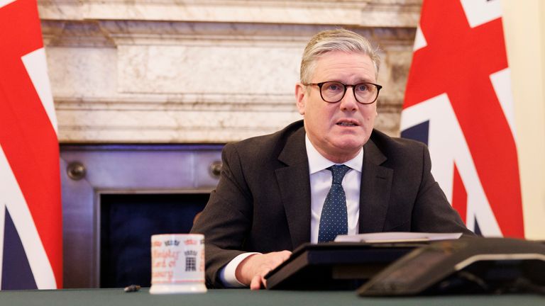 Sir Keir Starmer holding a virtual call with European leaders. Pic: Downing Street