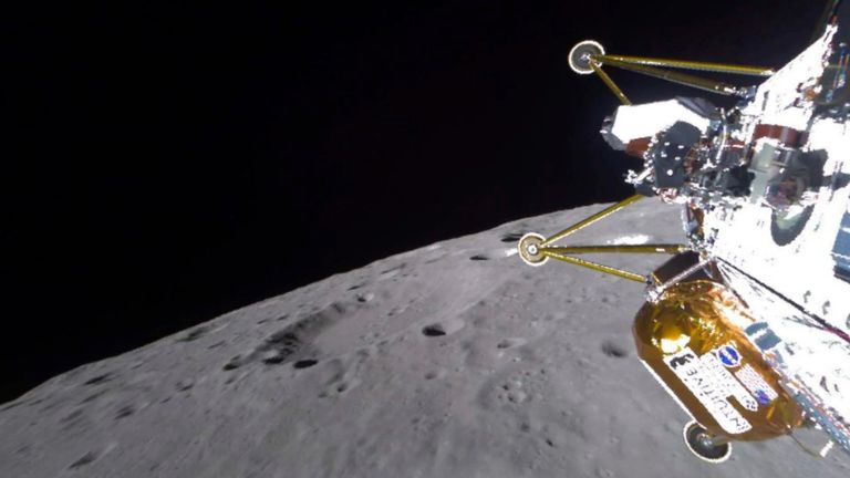 The Athena lander approaching the surface of the moon on Thursday.  Pic: AP/NASA