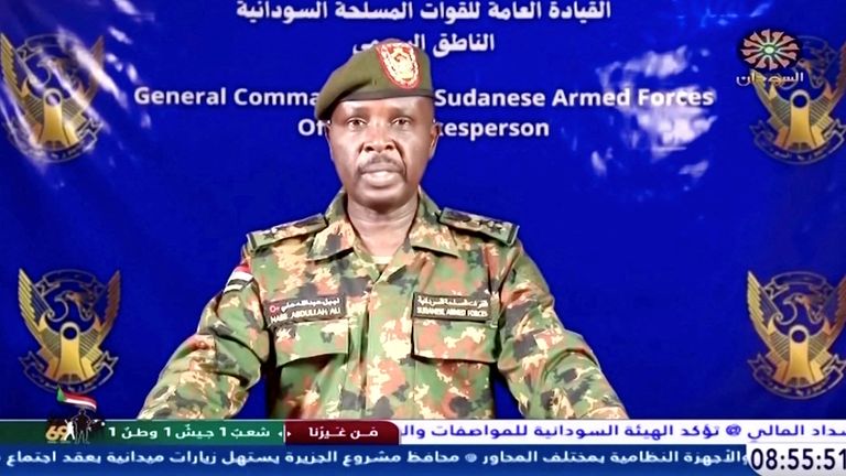 A Sudanese army spokesperson gives a statement on Sudan TV.  Pic:  Sudan TV/Reuters