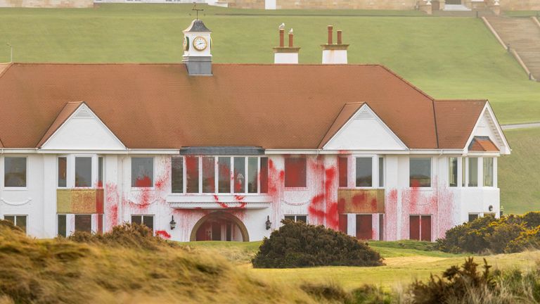 Handout photo issued by Palestine Action of damage to Trump Turnberry, which has been vandalised by activists. Palestine Action described it as a 'direct response to the US administration's stated intent to ethnically cleanse Gaza'. Issue date: Saturday March 8, 2025. The golf course in South Ayrshire, owned by the US president, was targeted overnight, with activists painting Gaza Is Not For Sale in three-metre high letters on the lawn, and damaging the greens including the course's most prestig
