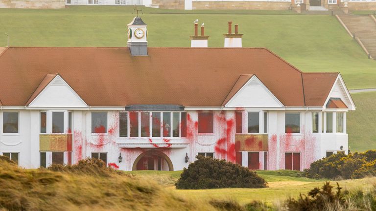 Handout photo issued by Palestine Action of damage to Trump Turnberry, which has been vandalised by activists. Palestine Action described it as a 'direct response to the US administration's stated intent to ethnically cleanse Gaza'. Issue date: Saturday March 8, 2025. The golf course in South Ayrshire, owned by the US president, was targeted overnight, with activists painting Gaza Is Not For Sale in three-metre high letters on the lawn, and damaging the greens including the course's most prestig