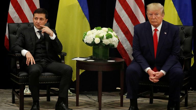 Ukraine's President Volodymyr Zelenskiy greets U.S. President Donald Trump during a bilateral meeting on the sidelines of the 74th session of the United Nations General Assembly (UNGA) in New York City, New York, U.S., September 25, 2019. REUTERS/Jonathan Ernst