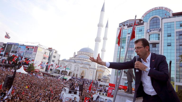 Mr Imamoglu addresses a rally during the re-run of mayoral elections in Istanbul in 2023. Pic: AP