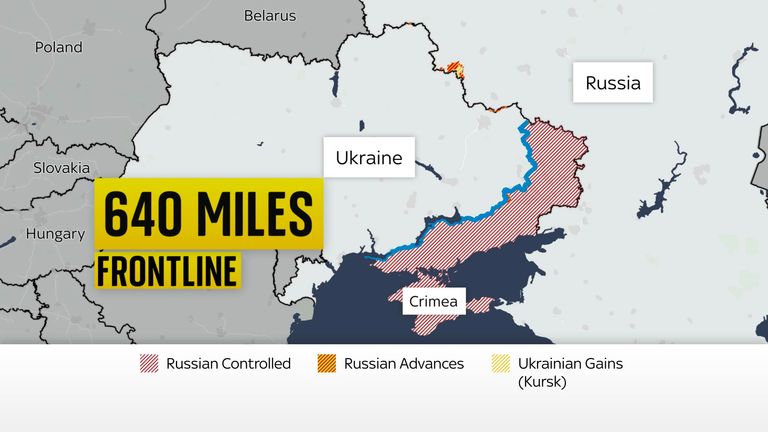 A map shows the frontline of fighting in Ukraine