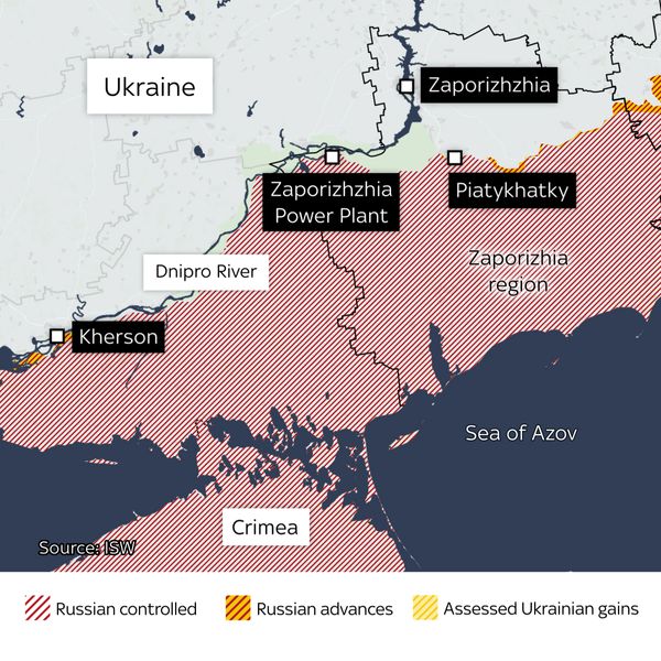 A map showing the Zaporizhzhia power plant and other areas in the region