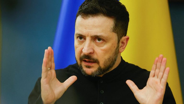 Mr Zelenskyy speaks to reporters after news of the limited ceasefire broke.  Pic: Reuters/Valentyn Ogirenko