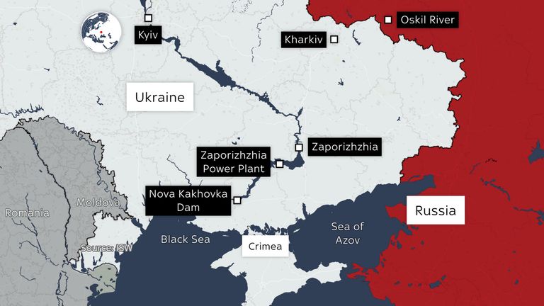 Map of Ukraine showing Oskil river, Zaporizhzia power plant and Nova Kakhovka dam