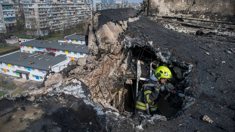 An apartment building hit by a Russian drone strike in Kyiv, Ukraine