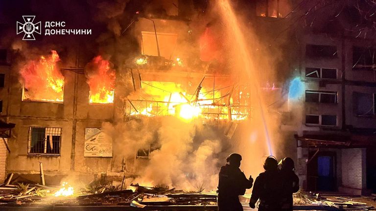 Firefighters work at the site of a residential area hit by a Russian military strike, amid Russia's attack on Ukraine, in the town of Dobropillia, Donetsk region, Ukraine March 8, 2025. Press service of the State Emergency Service of Ukraine in Donetsk region/Handout via REUTERS ATTENTION EDITORS - THIS IMAGE HAS BEEN SUPPLIED BY A THIRD PARTY.