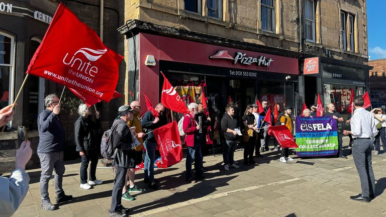 A protest was held on Tuesday afternoon outside a Pizza Hut store in Leith, Edinburgh. Pic: Unite