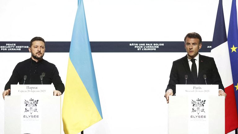 French President Emmanuel Macron and Ukrainian President Volodymyr Zelenskiy give a press conference following a bilateral meeting at the Elysee Palace in Paris, France, March 26, 2025. YOAN VALAT/Pool via REUTERS