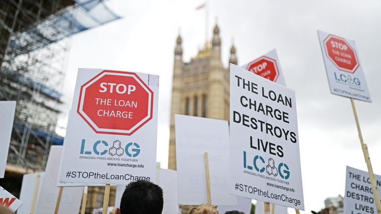 A loan charge protest outside the Houses of Parliament in Westminster  Pic:PA