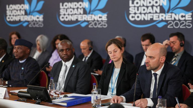 Bankole Adeoye, Political Affairs, Peace and Security Commissioner for the African Union, left, Britain's Foreign Secretary David Lammy, second left, and French Minister for Europe and Foreign Affairs Jean-Noel Barrot, right, attend the London Sudan conference at Lancaster House in London, Tuesday, April 15, 2025. (Isabel Infantes/Pool Photo via AP)