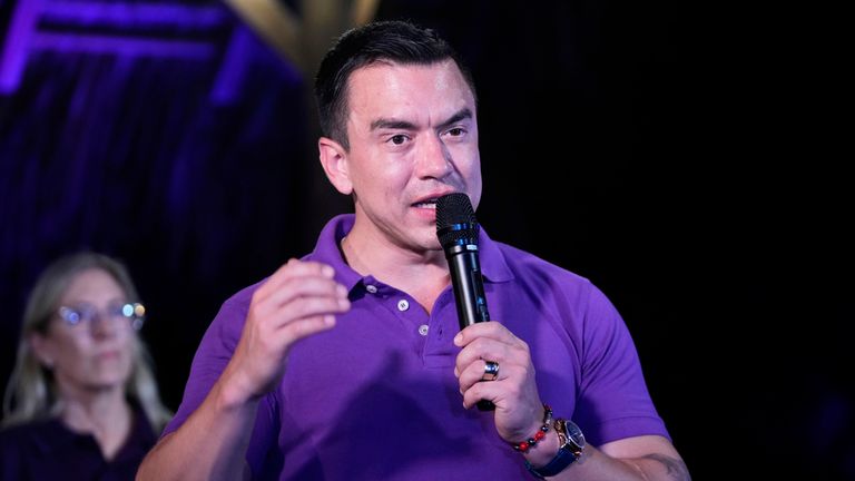 Daniel Noboa addresses supporters after early returns showed him in the lead in the presidential election run-off. Pic: AP