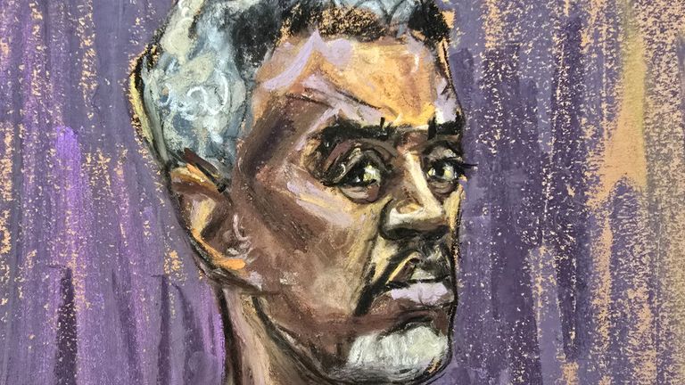 Sean "Diddy" Combs stands during his hearing where he pleaded not guilty to an expanded federal indictment charging the hip-hop mogul with five criminal counts, including racketeering and sex trafficking, in New York, U.S., April 14, 2025, in this courtroom sketch. REUTERS/Jane Rosenberg