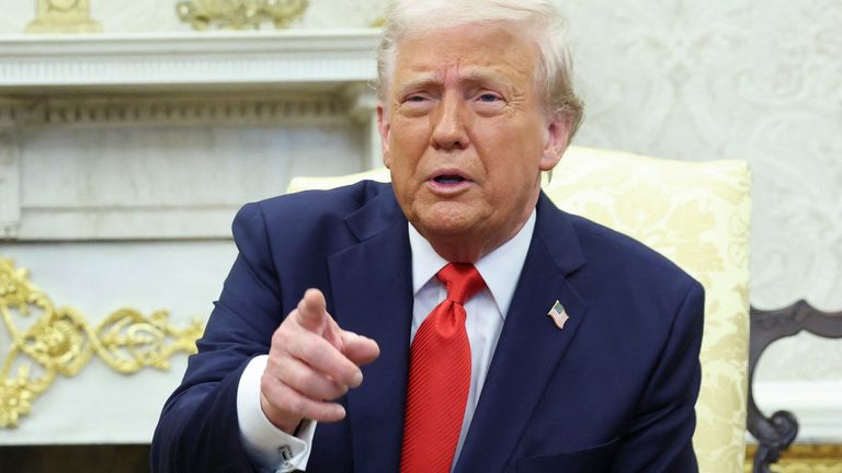 Donald Trump speaks to reporters in the Oval Office during a meeting with El Salvador President Nayib Bukele. Pic: Reuters